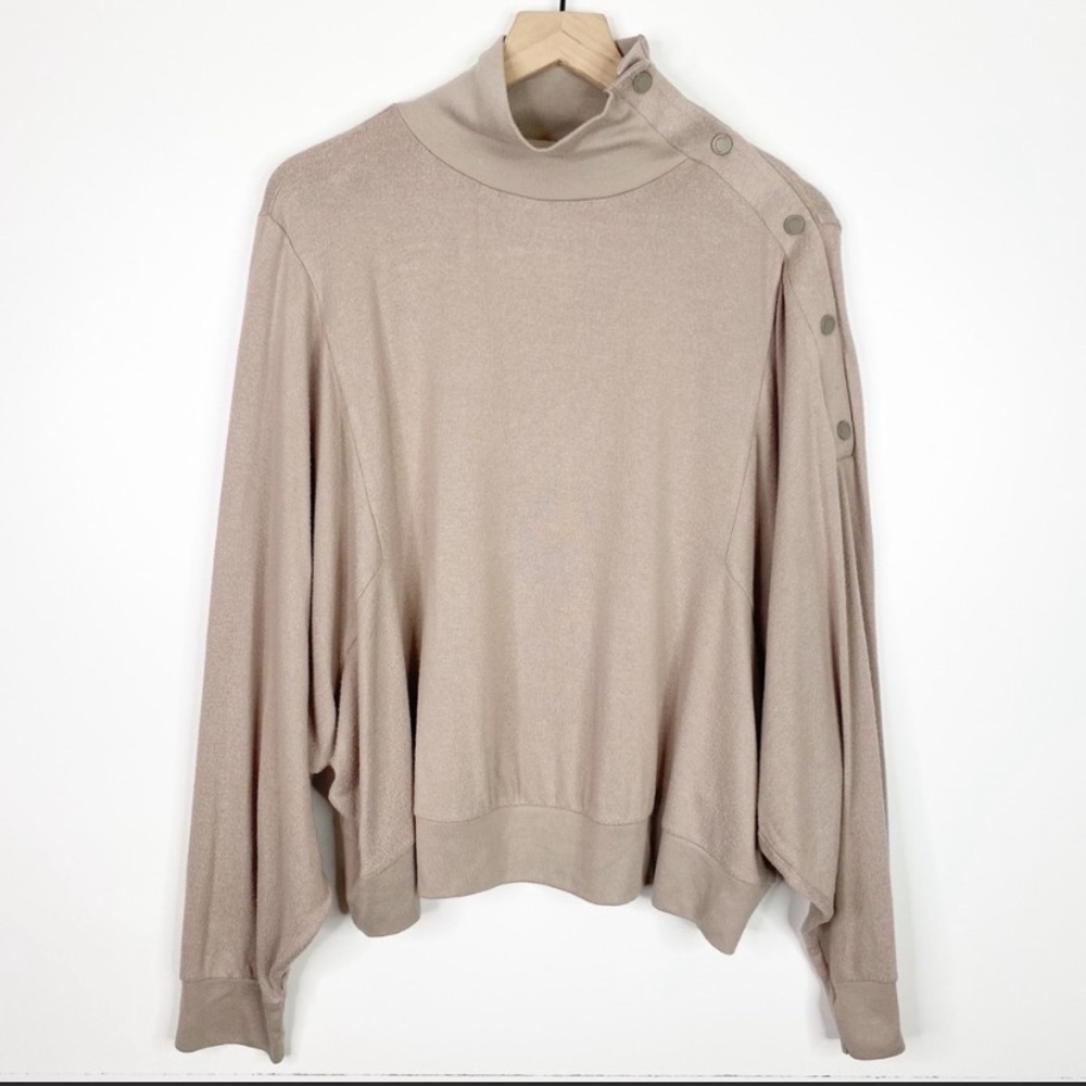 Peace Love World Light Brown Mock Neck Bat Wing Button Shoulder Sweater